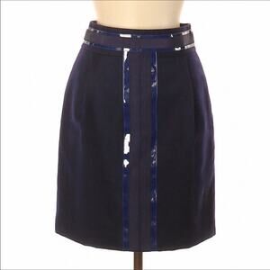 Tory Burch Navy Blue Pencil Skirt Wool with Faux Patent Leather Trim Size 8